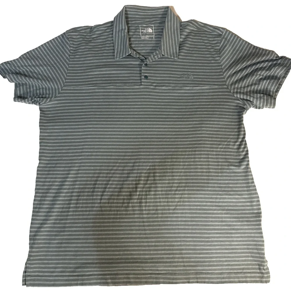 The North Face Mens Large Polo Shirt Greenish Gray Striped Short Sleeve Casual